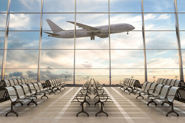 Fototapeta Empty airport terminal lounge with airplane on background. obraz