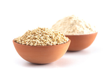 Bowl of Sprouted Sorghum and Sorghum Flour Isolated on a White Background