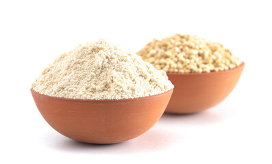 Bowl of Sprouted Sorghum and Sorghum Flour Isolated on a White Background