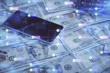 Double exposure of data theme drawing over us dollars bill background. Technology concept.