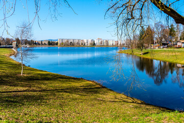 Mseno Reservoir with old stone dam on sunny day. Jablonec nad Nisou, Czech Republic