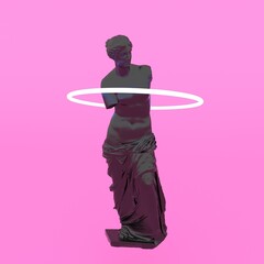 3D rendering of surreal futuristic scene with sculpture and neon ring around it. Venus de Milo figure made of glossy black material. Vaporwave and synthwave style illustration.