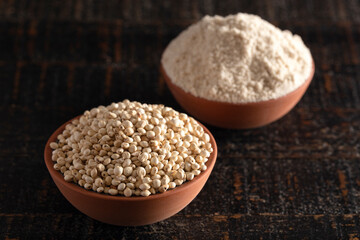 Bowl of Sprouted Sorghum and Sorghum Flour on a Dark Wooden Table