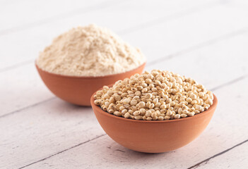 Bowl of Sprouted Sorghum and Sorghum Flour on a Bright White Table
