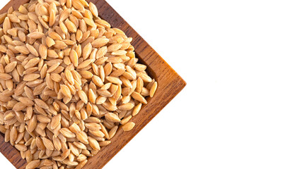 A Wooden Bowl of Organic Einkorn Rice on a White Background