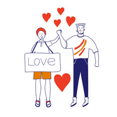 Love card of a gay couple. Picket LGBTK. Different sexual orientation The concept of sexual discrimination of protest. Crowds of people are fighting for rights, freedom. illustration