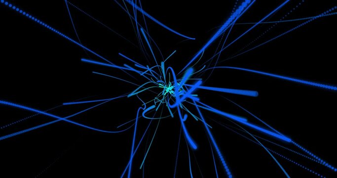 Dynamic and random explosion of  blue lines on black background. Rays neon lights.Abstract backdrop of fast motion energy beams,animation.Chaos streacks lines.Stripes chaotic movement.Timelapse camera