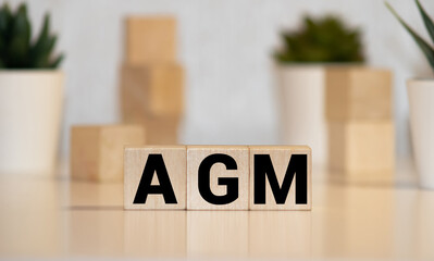 AGM Annual general meeting acronym on wooden cubes on blue backround. Business concept.