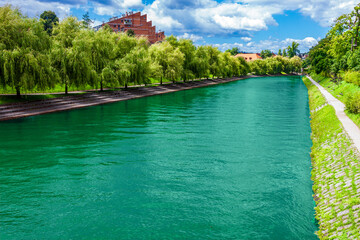 river after rain in the old town of Ljubljana
