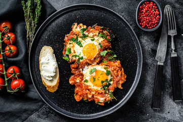 Shakshuka, Scrambled eggs with tomatoes and vegetables. Breakfast in the plate.  Black background. Top view