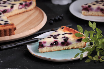 Homemade Blueberry Custard Pie. A piece of Blueberry Tart on a plate. 