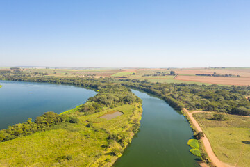 Fototapeta na wymiar aerial view of waterway in Tiete River in Bariri city in Sao Paulo State - Brazil