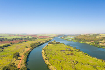 aerial view of waterway in Tiete River in Bariri city in Sao Paulo State - Brazil
