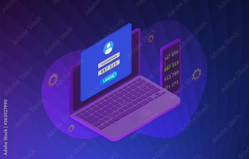 Poster two step authentication (2fa) - 2 steps verification secure password concept. isometric laptop and s