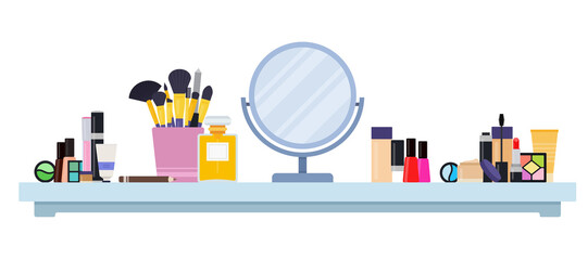 Illustration with a set of varied decorative cosmetics and accessories vector in a flat design.