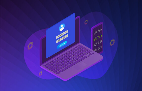 Two Step Authentication (2FA) - 2 steps verification secure password concept. Isometric laptop and smartphone with UI UX authentication login form. Vector Illustration concept with violet background.