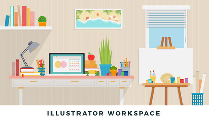 Illustrator workspace. Vector flat illustrators. Workplace of designer with devices for work.