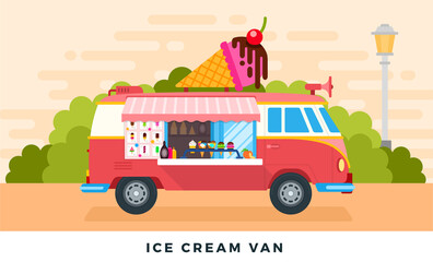 Ice cream van on urban street or in park. Vector flat illustrations. Ice cream truck. Side view.