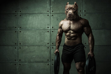 Fototapeta na wymiar Bodybuilder man-dog stands on the background of a concrete wall Himur A man with a dog's head