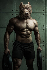 Fototapeta na wymiar Bodybuilder man-dog stands on the background of a concrete wall Himur A man with a dog's head