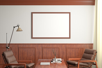 Horizontal blank poster mockup on white wall  in classic style interior of modern living room.