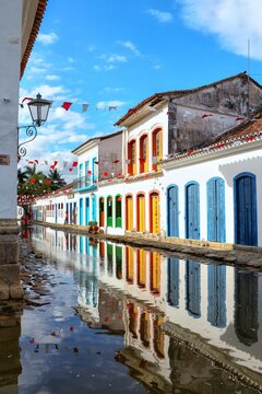 Mesmerizing shot of the colorful facade of the museum of the sacred art of Paraty in Brazil