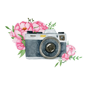 Watercolor camera with pink peonies flowers on a white background.