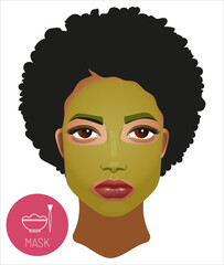 Beautiful african american girl with beauty face mask. Spa natural cosmetics organic beauty facial mask. Self-care beauty treatment skincare concept.