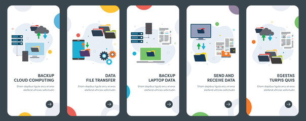 Backup, cloud computing, data and transfer file icons. UX, UI vector template kit for web design, applications, mobile interface, infographics and print design.