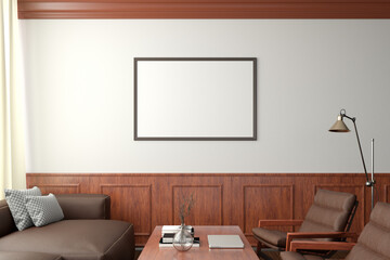 Horizontal blank poster mockup on white wall  in classic style interior of modern living room.