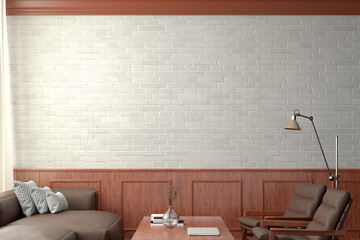 Blank white brick wall mockup in classic style interior of modern living room.