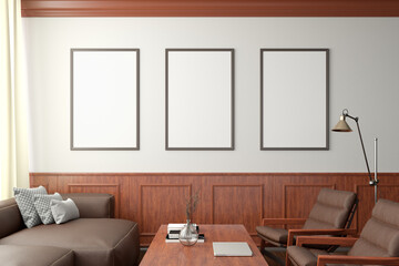 Three vertical blank posters mockup on white wall  in classic style interior of modern living room.