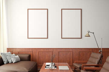 Two vertical blank posters mockup on white wall  in classic style interior of modern living room.