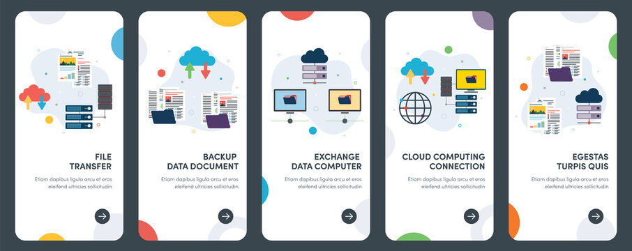 Set of concept flat design icons for file, transfer, data, backup and computer sharing.  UX, UI vector template kit for web design, applications, mobile interface, infographics and print design.