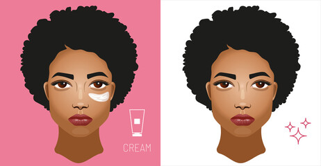 Beautiful african american girl applies a moisturizer to her face. Anti-aging and beauty treatments. A beautiful woman with well-groomed skin.Self-care beauty treatment skin care concept.