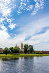 Russia, St. Petersburg, July 3, 2020, Peter and Paul Fortress .. The photo shows the Peter and Paul Fortress on the banks of the Neva against the sky, a view from the arrow of Vasilyevsky Island