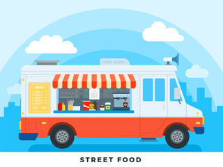 Street food vector flat illustrations. Foods truck with fast food on backdrop sky.