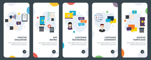 Naklejka na ściany i meble Positive evaluation, app rating and customer testimonials. Set of concept flat design icons for rating, service, survey, support, customer, feedback. 