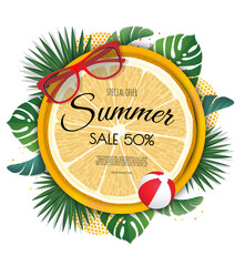 Summer sale banner template. Summer abstract background with orange. Tropical backdrop.