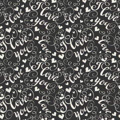 Abstract background with a black and white seamless pattern of letters with the inscription - I love you. Seamless pattern, Wallpaper texture. Vector background image.