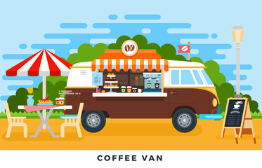 Coffee and baking van in the park vector flat illustration.