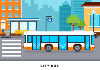 Public bus and transport stop in the city vector flat illustration.