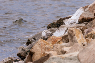 Salt water spray frozen on rocks