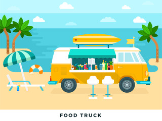 Food truck on the beach vector flat illustration.