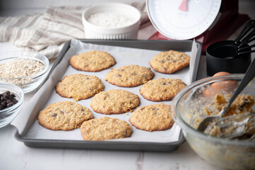 chocolate chip oatmeal cookie on iron pan