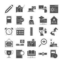 teach school education learn knowledge and training icons set silhouette style icon