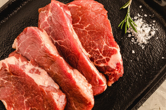 Raw iberican pork presa. Spanish delicatesen food