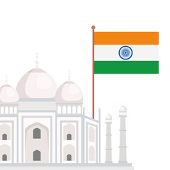 taj mahal, famous monument with flag of india vector illustration design