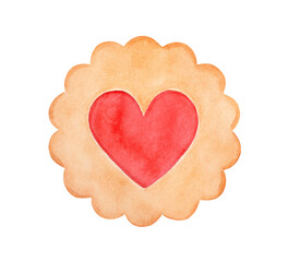 Water color illustration of cute little cookie with red love heart inside. One single object, top view. Hand painted watercolour sketchy drawing, cutout clip art element for design, print, decoration.