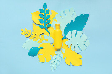 Composition with sunscreen on color background